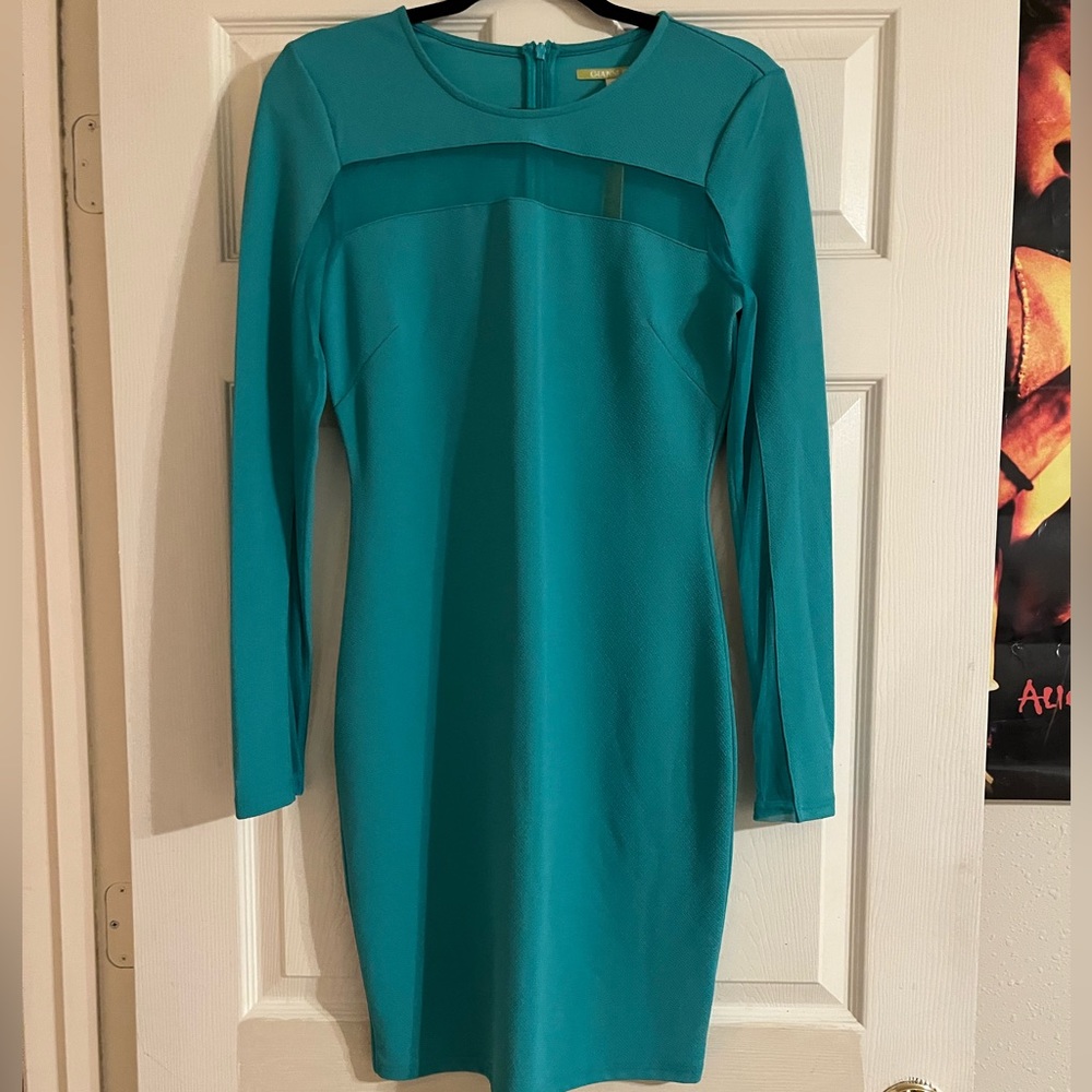 NWT long sleeve mesh panelled turquoise bodycon dress